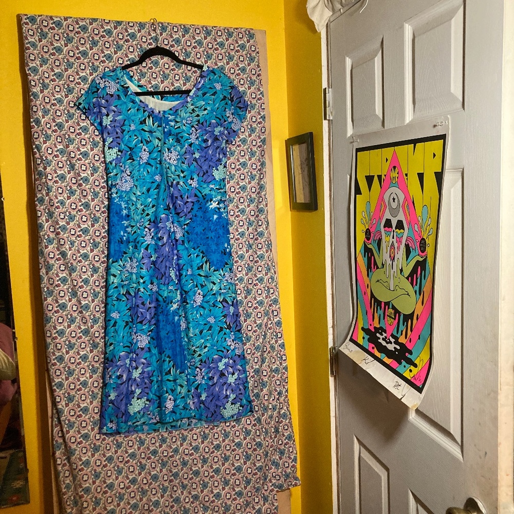 EUC Vintage blue scoop neck midi floral garden European party dress